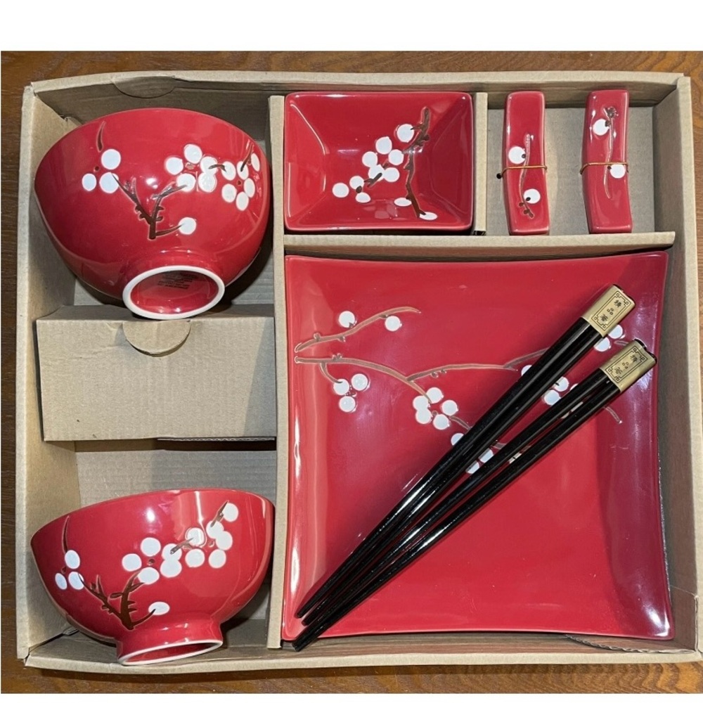 NEW~10 Piece Red Sushi Plate Set ~ World Market Asian Cherry Blossom Ceramic